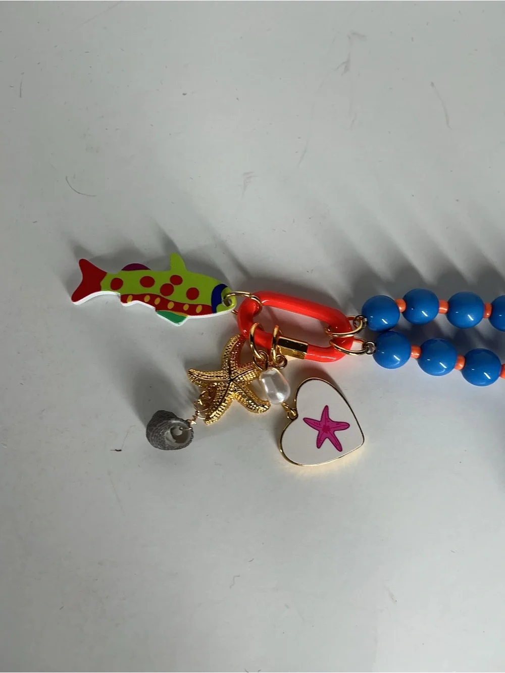 Blue Beaded Necklace with Colorful Fish and Starfish Charms - Women’s necklace